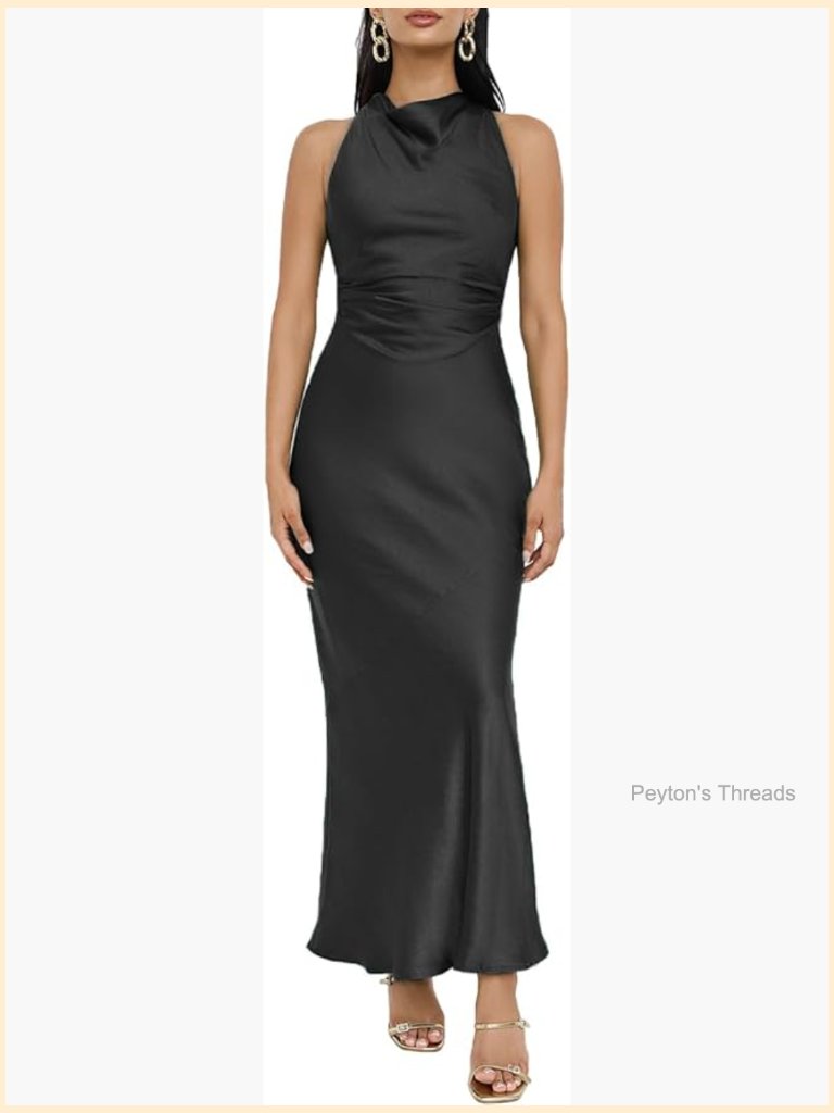 Satin High Neck Backless Maxi Dress Ruched Waist Formal Wedding Guest